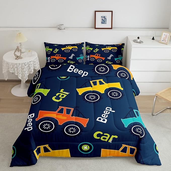 Feelyou Cartoon Car Bedding Set Construction Kids Comforter Set Boys Equipment Trucks Decor Comforter Cartoon Car Excavator Tractor Duvet Set Quilt Queen Boys