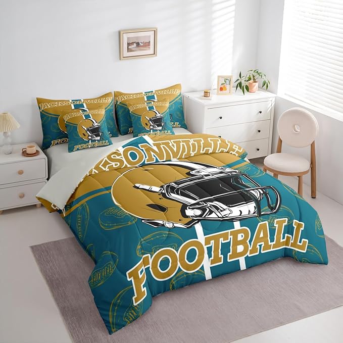 Feelyou Football Comforter Set with Sheets 7 Piece King Size Ball Games Bed in a Bag Kids Boys Girls Rugby Bedding Set City of Footballs Bedroom Decor Rugby Sports