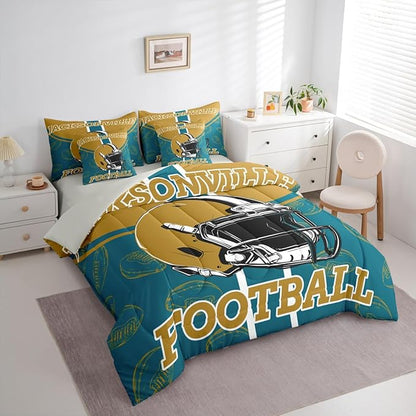 Feelyou Football Comforter Set with Sheets 7 Piece Twin Size Ball Games Bed in a Bag Kids Boys Girls Rugby Bedding Set City of Footballs Bedroom Decor Rugby Sports