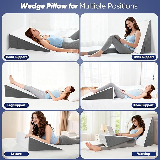 Bed Wedge Pillow for Sleeping, Reading & Resting, 10 inch Cooling Memory Foam Incline Pillow Wedge for Adults Seniors, Ideal for Couch, Bedroom & Living Room, Removable Washable Cover