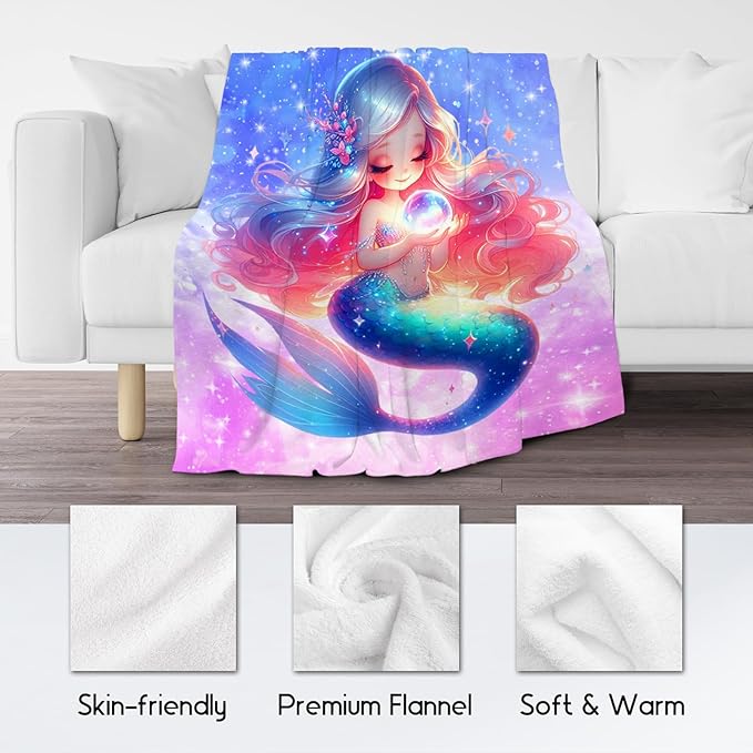 Girls Blanket Mermaid Blankets Gifts for Kids Adults - Cute Plush Cozy Flannel Throws Decor for Bedroom (60"x80")