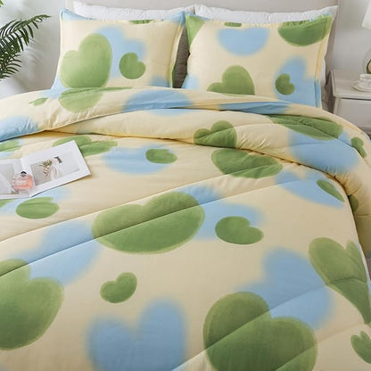 Caressma Heart Print Full Size Comforter Set, Green and Yellow Blue Lovely 3 Pieces Beddig Comforter with Matching Pillow Shams for All Seasons