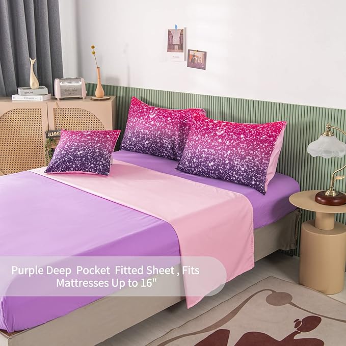 RYNGHIPY 6Pcs Queen Gradient Pink Purple Glitter Comforter Sets for Teens Girls Kids, Colorful Rainbow Glitter Themed Bedding Set