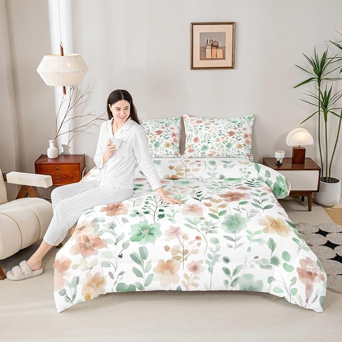 Erosebridal Cute Floral Toddler Bedding Set,Sage Green and Beige Flower Comforter Set for Kids Girls,Boho Leaf Botanical Plant Quilt,Rustic Farmhouse Bedroom Decor,1 Pillowcase Breathable