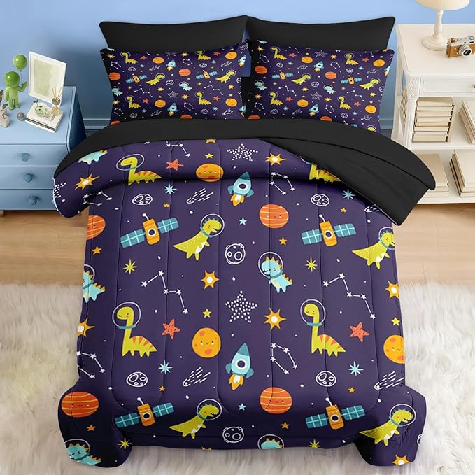 Comforter Set Queen Size, Space Astronaut Dinosaur 7 Pcs Bedding for Kids and Adults, Funny Galaxy Dino Planet Bed Sheet Sets with Fitted Sheet 2 Pillowcases & 2 Shams for Bedroom Bed Decor