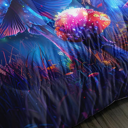 Luminescent Mushroom Comforter Queen Size, Wild Botanical Themed Bed Set Cute Kids' Bedding with 2 Pillowcases.