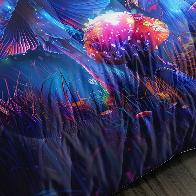 Luminescent Mushroom Comforter Set King Size,Natural Wild Fungus Bedding for Kids Boys Girls Room Decor,Wild Botanical Theme Bedding Sets with 2 Pillowcases.