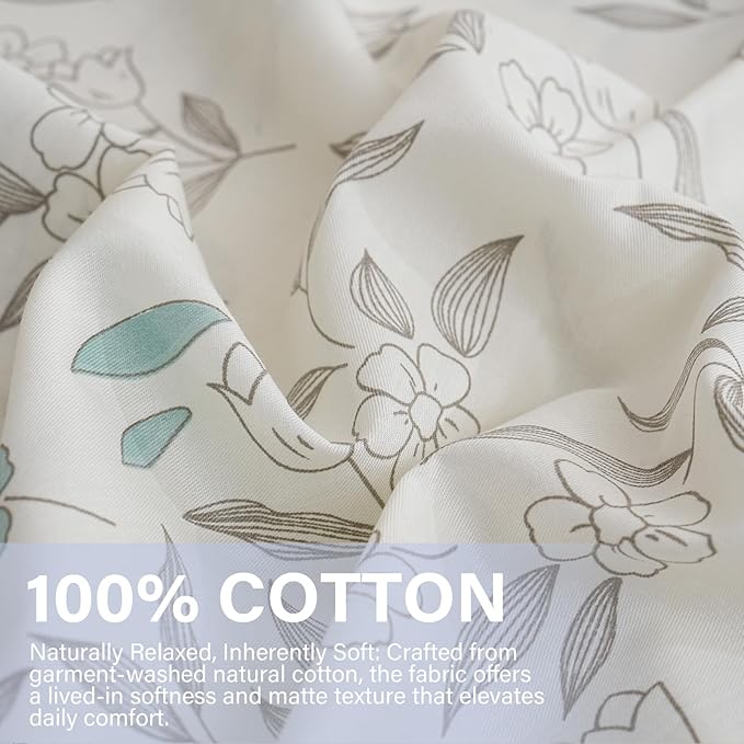 100% Cotton Floral Duvet Cover Set King Size Ultra Soft Breathable Blue Floral Grey Leaves Bedding Set for Women with Zipper Closure 3 Pcs Chic Reversible Duvet Cover for All Season