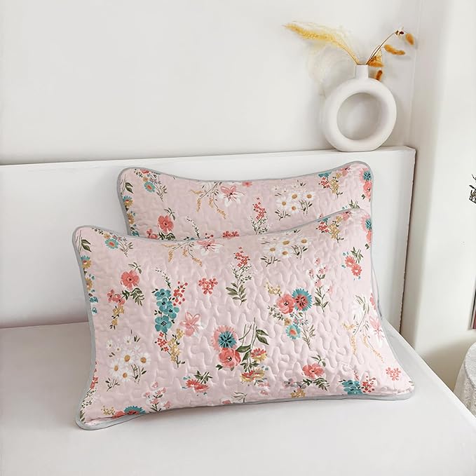 QOOMO Floral Quilt Set Full/Queen Size,Flower Bedspread Coverlet Set,Flower 3Pcs Bedding Set Printed Quilt with 2 Pillowcases,Soft and Lightweight,for All Seasons