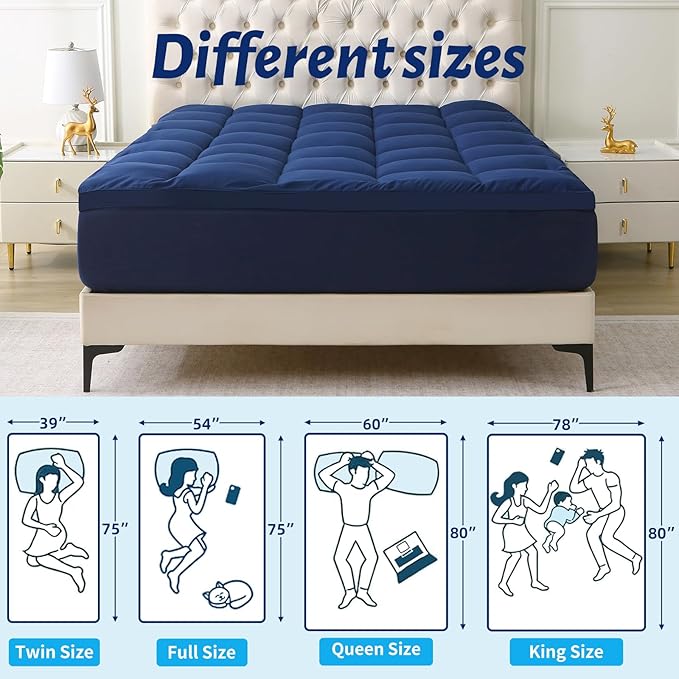 Mattress Topper with Deep Pocket, Extra Thick Pillow Top Mattress Pad, Breathable & Cooling Mattress Cover, Fits 8-21 Inch, Soft Support for Back Pain Relief, Mattress Protector (Full, Navy Blue)