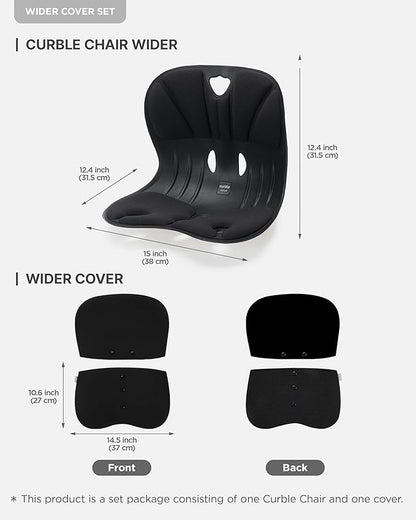 curble Wider(Standard Wide) Cover Set – Lower Back Support Chair with Detachable Cover, Lumbar Support Back Posture Corrector, Back Pain Relief (Set Black)