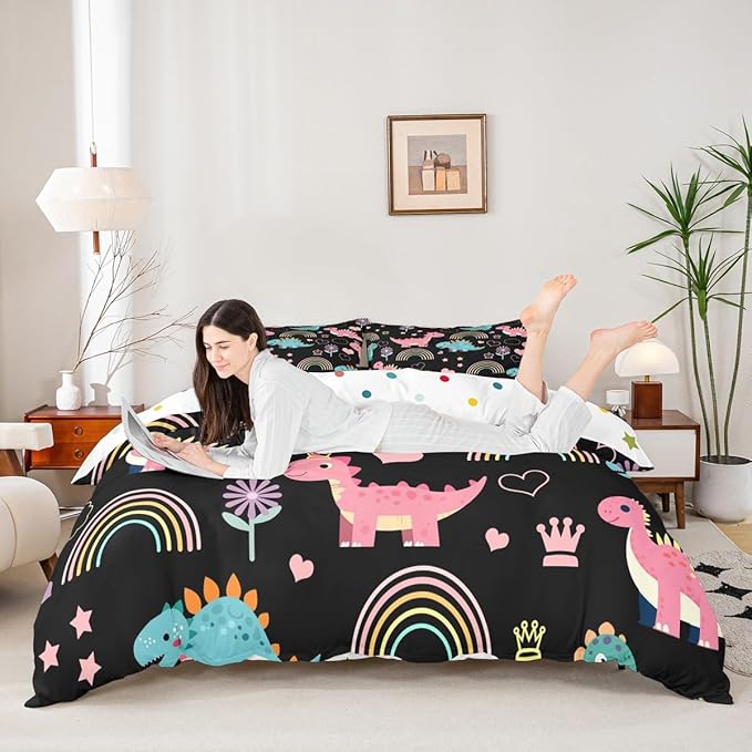Lovely Dino Duvet Cover Set Toddler Size,Cute Rainbow Floral Love Heart Reversible Quilt Cover for Kids Boys Girls Pink Black Dinosaur Kawaii Animal Bedding Set with 1 Pillowcase,No Comforter