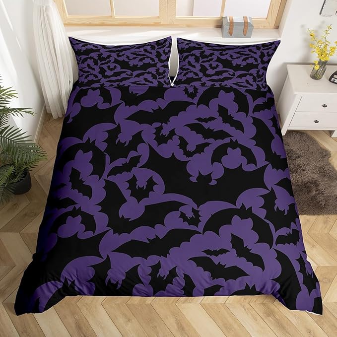 Halloween Themed Bedding Set Queen Size,Black Bats Animal Print Duvet Cover Set for Children Bedroom Present, Dark Purple Color Microfiber Comforter Cover with 2 Pillowcases (NO Comforter)