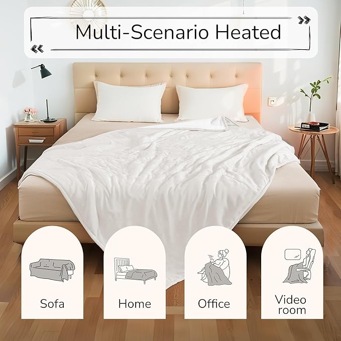 Electric Heated Blanket King Size 90"x100" - Dual-Sided with Microplush & Sherpa Fabric, 4 Heat Settings & 10 Hours Auto Off, Dual Controller, Machine Washable - White