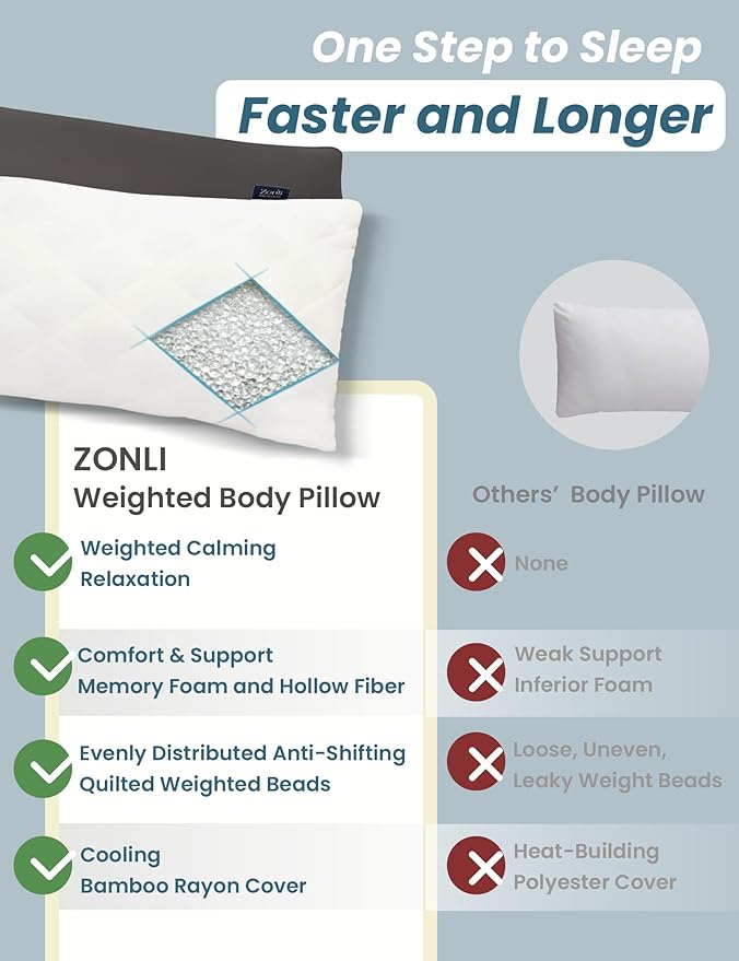 ZonLi Weighted Body Pillow with Bamboo Cover (48" x 14") 8.5lbs, Quilted Glass Beads Body Pillows for Adults Weighted Pillow for Deep Sleepers, Full Body Pillow for Side Sleepers, Memory Foam Pillow