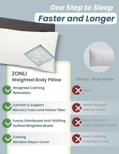 ZonLi Weighted Body Pillow with Bamboo Cover (48" x 14") 8.5lbs, Quilted Glass Beads Body Pillows for Adults Weighted Pillow for Deep Sleepers, Full Body Pillow for Side Sleepers, Memory Foam Pillow