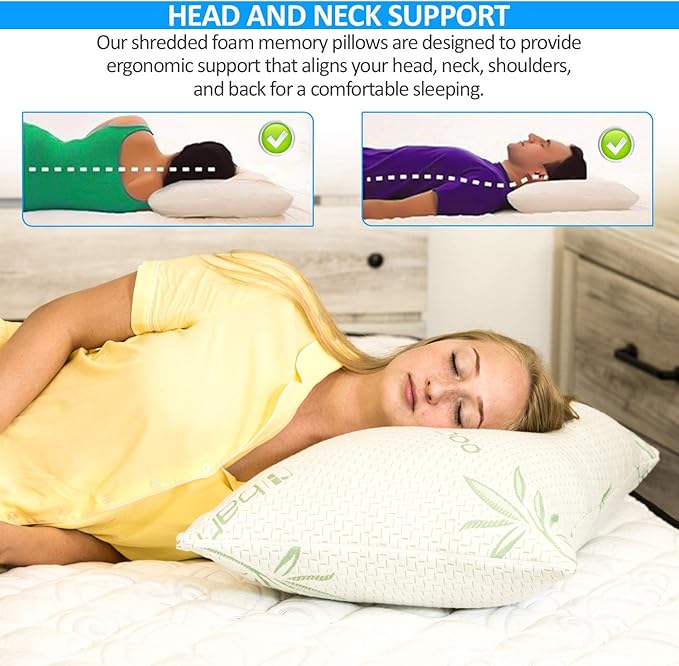Elif King Size Pillows for Sleeping, Set of 2 – Cooling Shredded Memory Foam Pillows with Removable Cover for Back, Stomach & Side Sleepers, Rayon Derived from Bamboo, King (2 Pack)