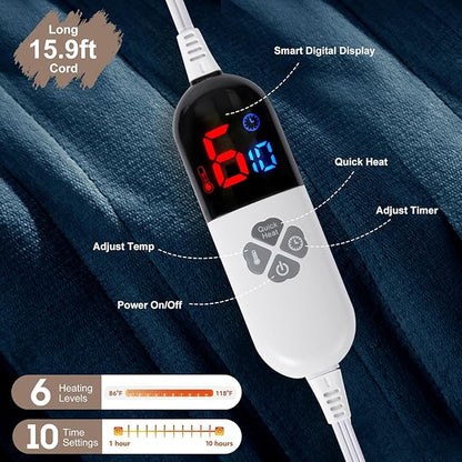 Heating Blanket Full Size - 72" x 84" Flannel Sherpa Heated Blanket with Fast Heating, 6 Heating Levels, 1-10 Hours Timer Settings, Overheat Protection, Washable Electric Blanket, Navy