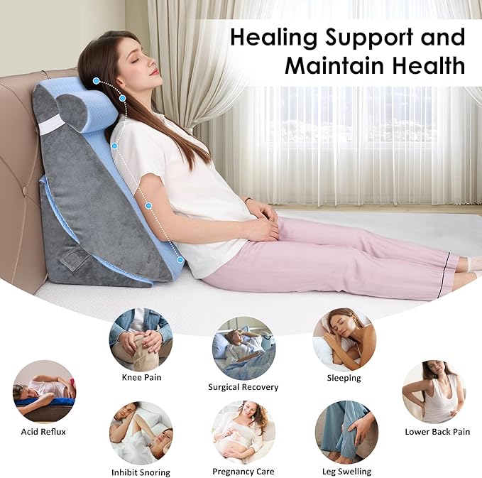 Bed Wedge Pillow for Sleeping, 3PCS Wedge Pillow Set for After Surgery, Adjustable 7 &12 inch Pillow Wedges for Acid Reflux Relief, Back Pain Relief, Sleep Apnea, Sitting Up, Headboard(Blue/Grey)
