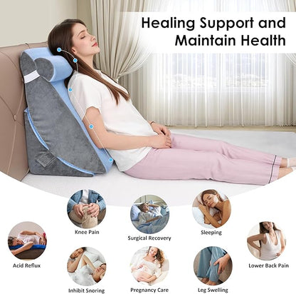Bed Wedge Pillow for Sleeping, 3PCS Wedge Pillow Set for After Surgery, Adjustable 7 &12 inch Pillow Wedges for Acid Reflux Relief, Back Pain Relief, Sleep Apnea, Sitting Up, Headboard(Blue/Grey)