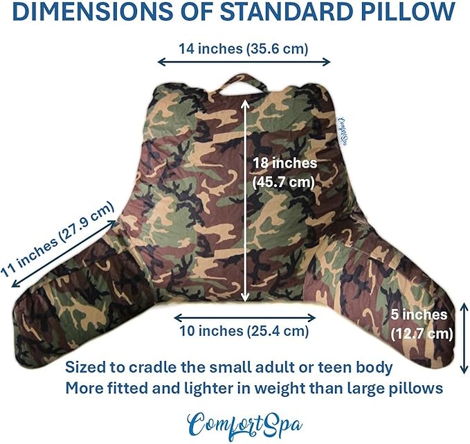 ComfortSpa Reading Pillow for Kids Teens Adult, Back Rest Pillow with Arms, Pockets, Washable Cover; Use as Back Pillow for Bed Sitting Up for Bedrest, Relief from GERD Heartburn (Standard Camouflage)