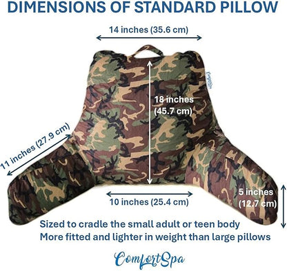 ComfortSpa Reading Pillow for Kids Teens Adult, Back Rest Pillow with Arms, Pockets, Washable Cover; Use as Back Pillow for Bed Sitting Up for Bedrest, Relief from GERD Heartburn (Standard Camouflage)