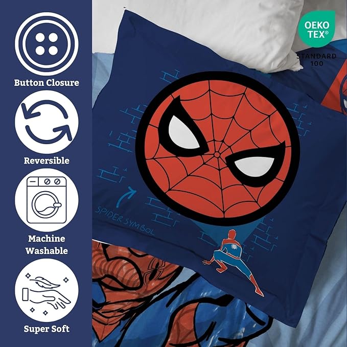 Jay Franco Duvet Cover Set – 3 Piece Comforter Cover and Sham Set, Super Soft Cozy Kids Bedding (Insert Not Included) Blue - Spiderman, Queen