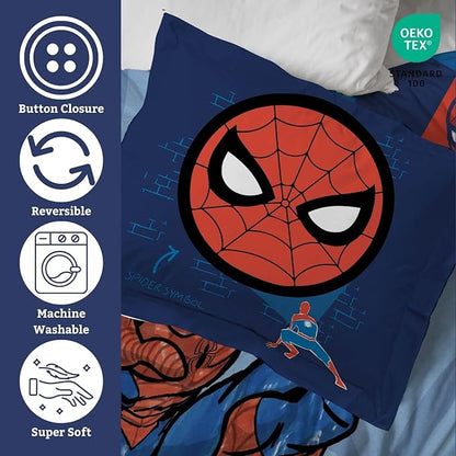 Jay Franco Duvet Cover Set – 3 Piece Comforter Cover and Sham Set, Super Soft Cozy Kids Bedding (Insert Not Included) Blue - Spiderman, Queen