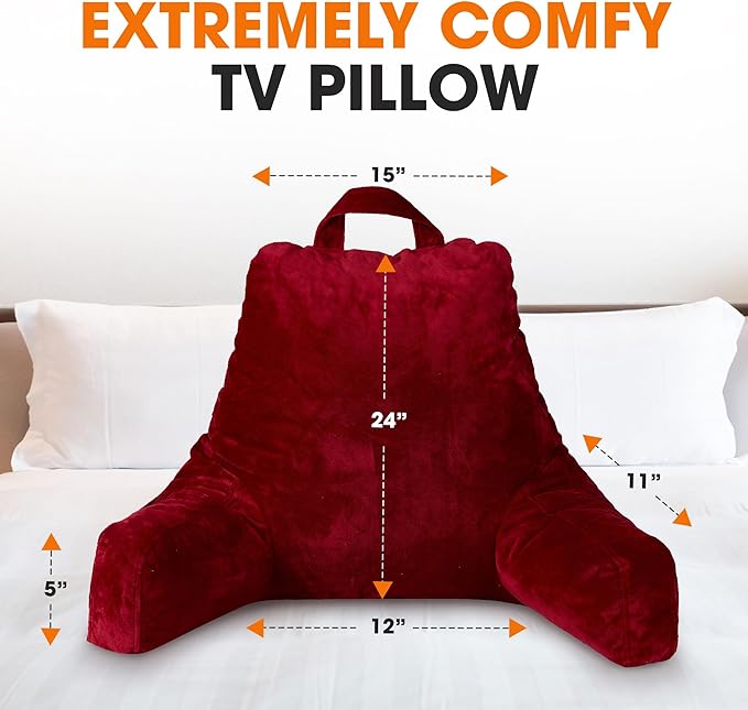 Cheer Collection Reading Pillow with Arms – Portable Bed Pillow for Sitting Up & Support, Hollow Fiber-Filled Back Rest Pillow for Sitting in Bed & Couch, Machine Washable, Maroon