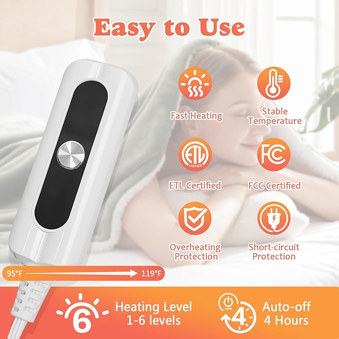 Heated Blanket Throw Size Fast Warming Heating Electric Throw Blanket with 6 Heat Settings & 4 Hours Auto-Off, Ideal Gift for Her, 50"x60", Sage Green