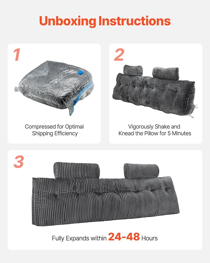 VEVOR Headboard Pillow, King Size Wedge Headboard Pillow with 2 Side Pockets and 2 Headrests, Bed Wedge Pillow with Washable Flannel Cloth, for Reading, Gaming, Resting, Working in Bed, Grey