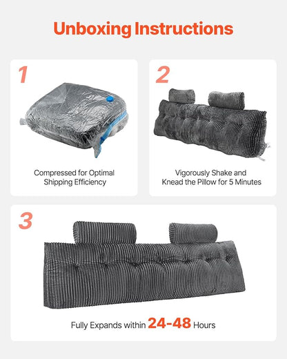 VEVOR Headboard Pillow, King Size Wedge Headboard Pillow with 2 Side Pockets and 2 Headrests, Bed Wedge Pillow with Washable Flannel Cloth, for Reading, Gaming, Resting, Working in Bed, Grey