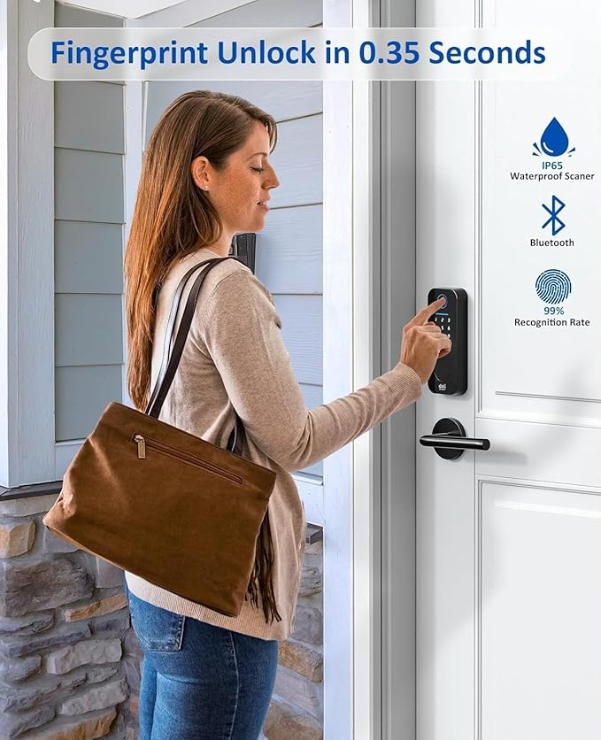 Smart Deadbolts Lock, Bluetooth Fingerprint Door Lock,5 in 1 Keyless Entry Door Lock with App Control,Electronic Touchscreen Keypad,Easy Installation,IP65,Matte Black
