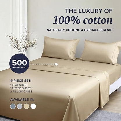 Beckham Hotel Collection Queen Sheet Set 100% Cotton, 500TC Luxury Sateen Bedding, 16” Deep Pocket, Moisture-Wicking, 4-Piece, Sand
