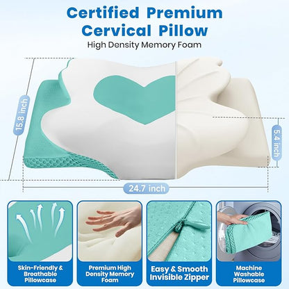 Cervical Neck Pillow for Sleeping, Memory Foam Side Sleeper Pillow, Ergonomic Pillows for Neck Pain Relief, Shoulder Support Pillows for Side Back Stomach Sleepers (Green, Queen Size)
