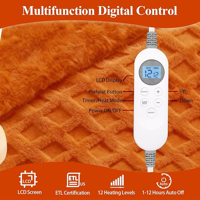 Heated Blanket Electric Heating Blanket Waffle with 12 Heat Levels, Fast Heating Blanket with 1-12 Timer, Overheat Protection with ETL & FCC for Bed Home Office Sofa -Orange -Single(50"x60")