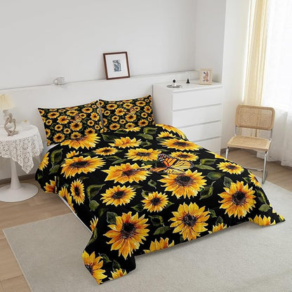 Feelyou Sunflower Bedding Set Girls Yellow Floral Butterfly Comforter Chic Flowers Pattern Comforter Set for Kids Teens Botanical Nature Duvet Set Ultra Soft Room Decor Queen Size…