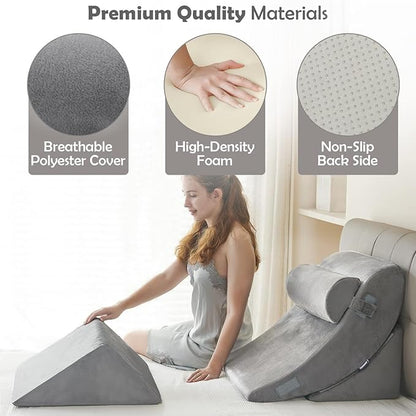 4Pcs Wedge Pillow for Sleeping, Orthopedic Bed Wedge Pillows for After Surgery, Foam Triangle Sit Up Pillow Wedge for Back, Neck, Shoulder Support, Leg Elevation, Acid Reflux, Gerd, Snoring Light Grey