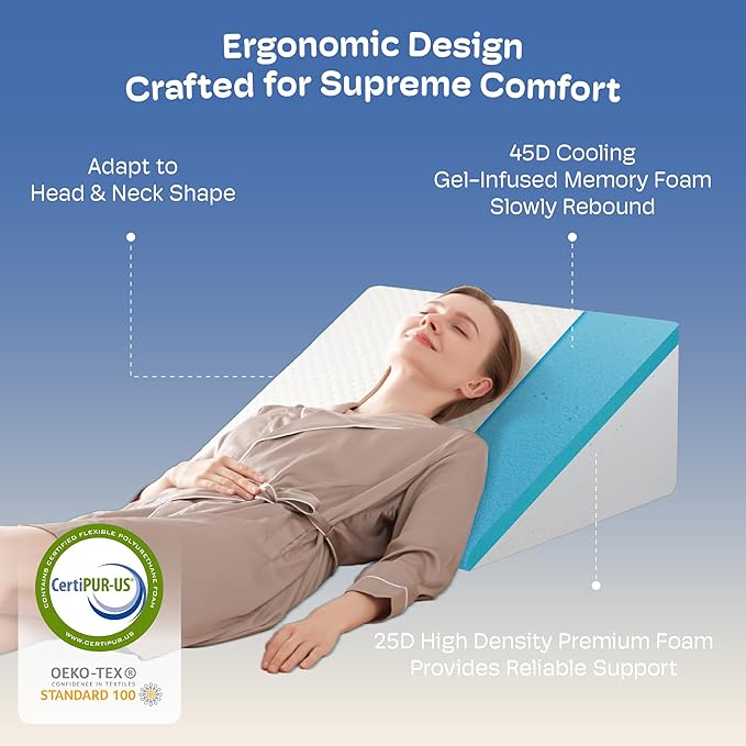 Wedge Pillow, 12 inch Wedge Pillow for Acid Reflux, Back Pain Relief, Snoring, Bed Wedge Pillows for Headboard, Bed wedge pillows for sleeping after surgery. Cooling Memory Foam & Breathable Cover
