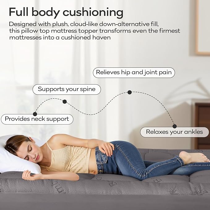 OLANLY Twin Mattress Topper – Viscose Made from Bamboo, Cooling Soft Twin Pillow Top Mattress Pad for Back Pain Relief, Plush Down Alternative Fill Bed Topper with Elastic Deep Pocket, Light Gray