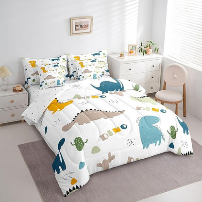 Feelyou Cute Dinosaur Comforter Set with Sheets 7 Piece Twin Size Cartoon Cactus Bedding Set Decor Jungle Dino Boho Succulent Bed in a Bag Wild Animal Pattern Yellow Grey Bed Set Bedroom