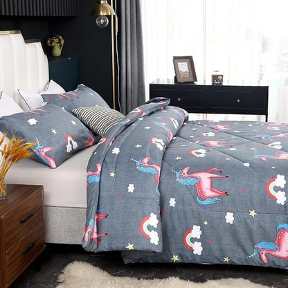 SDIII 3PCS Gray Unicorn Comforter Set Twin, Soft Microfiber Lightweight Twin Girls Comforter, Princess Unicorn Bedding Quilt for Girls Kids and Teens