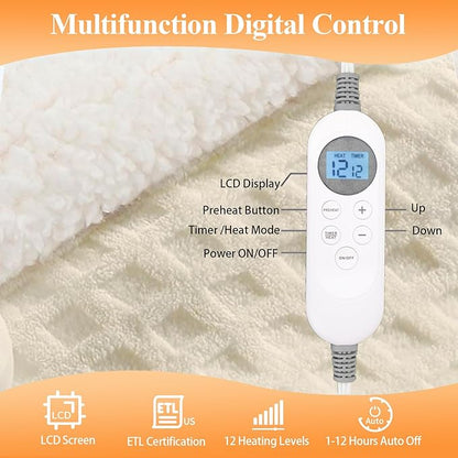 Heated Blanket Electric Throw, 50"X60" Waffle Heating Blanket with 12 Heat Levels, Fast Heating Blanket with 1-12 Timer Settings, Overheat Protection with ETL & FCC for Home Office Sofa (Milky White)