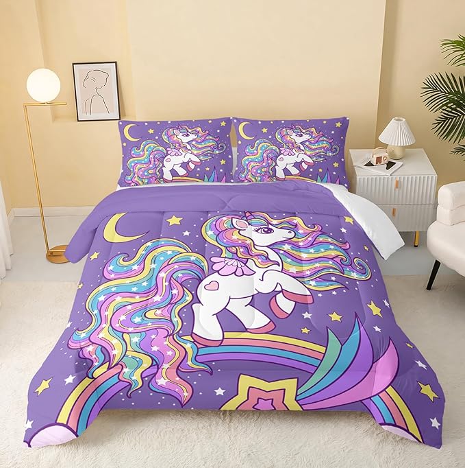 QOOMO Unicorn Comforter King Size,Rainbow Unicorn Comforter Set for Kids Teens Girls,3Pcs Bedding Set Printed Comforter with 2 Pillowcases,Down Alternative,Soft and Lightweight，King Size