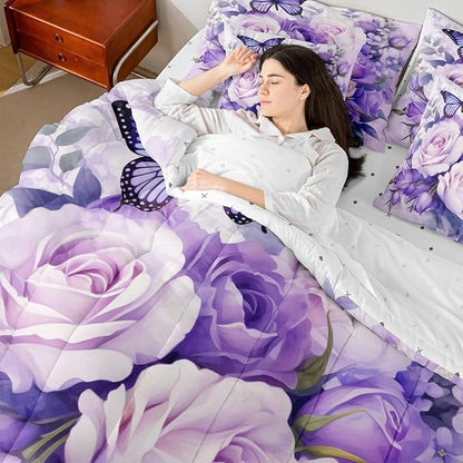 Feelyou Purple Rose 7 Piece Bedding Set King Size Butterfly Comforter Set with Sheets for Women Girls Teens Floral Flower Bed in a Bag Romantic Bed Set