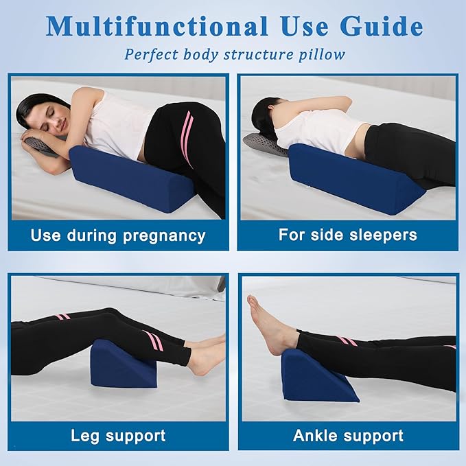 Bed Wedge Pillow for Side Sleeping Sponge Filled Body Positioning Triangle Pillow Suitable for Pregnancy and Surgery Prevent Bed Sore for Leg and Back Support with Pillow Case (Navy Blue)