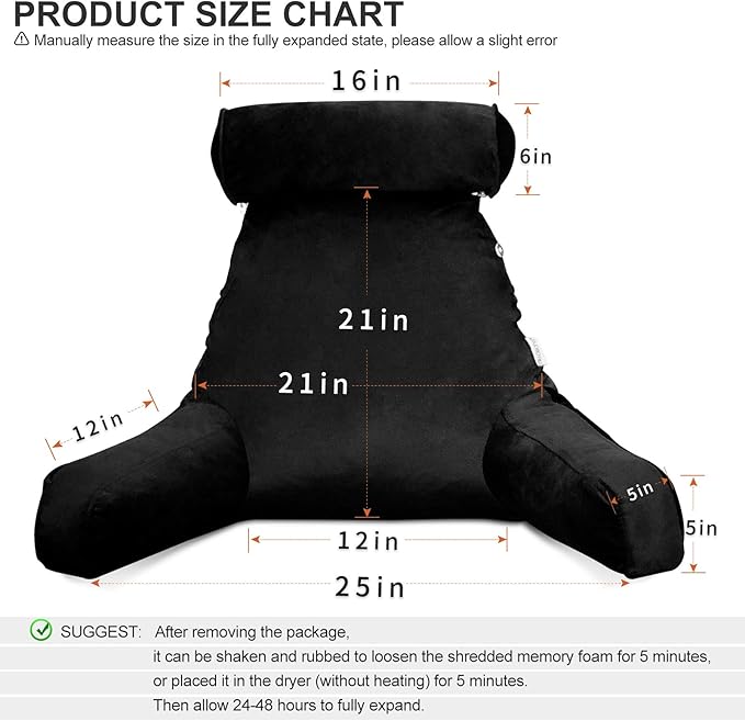 Reading Pillow for Sitting in Bed Adult with Detachable Neck Roll & Big Backrest Pillow for Bed Sitting up with Arms Side Pocket Shredded Foam Large Back Chair Pillow with Washable Cover