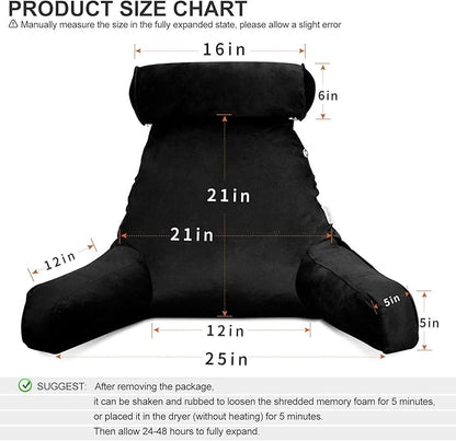 Reading Pillow for Sitting in Bed Adult with Detachable Neck Roll & Big Backrest Pillow for Bed Sitting up with Arms Side Pocket Shredded Foam Large Back Chair Pillow with Washable Cover
