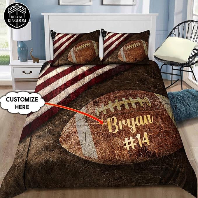 Personalized American Football Bedding Set, Kids 3 Piece Duvet Cover Set with Pillow Shams for Teens Boys, NO Comforter, Twin Size for Rugby Lovers (Football 03)