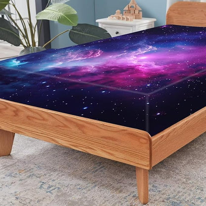 Purple Galaxy Bedding Set Queen Kids Teens Girls Boys Starry Sky Fitted Sheet Space Universe Star Design, Home Decorative 3 Pcs Bedding Decor Set with 1 Flat & 2 Pillowcases